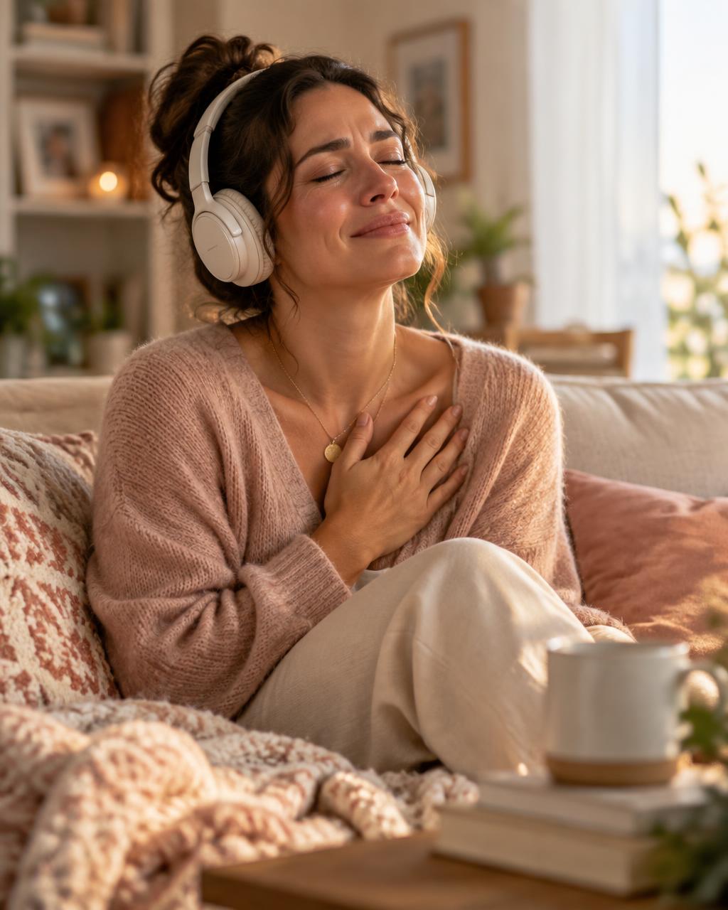 Mulher emocionada ouvindo sua música personalizada com fones de ouvido